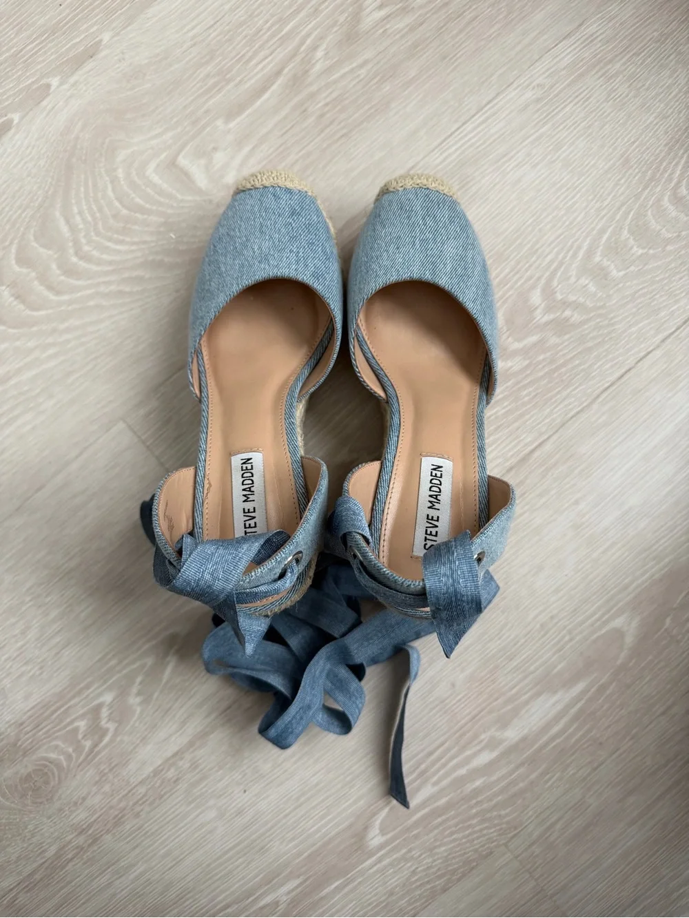Steve Madden Light Blue Denim Espadrille Wedge Sandals with Ankle Ties